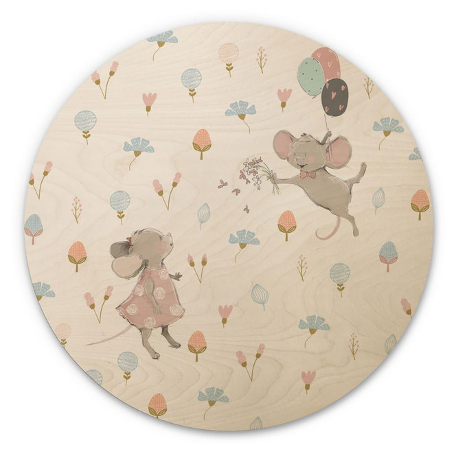 Holzbild Kleine Mäuse mit Luftballons - UN Designs - Rund