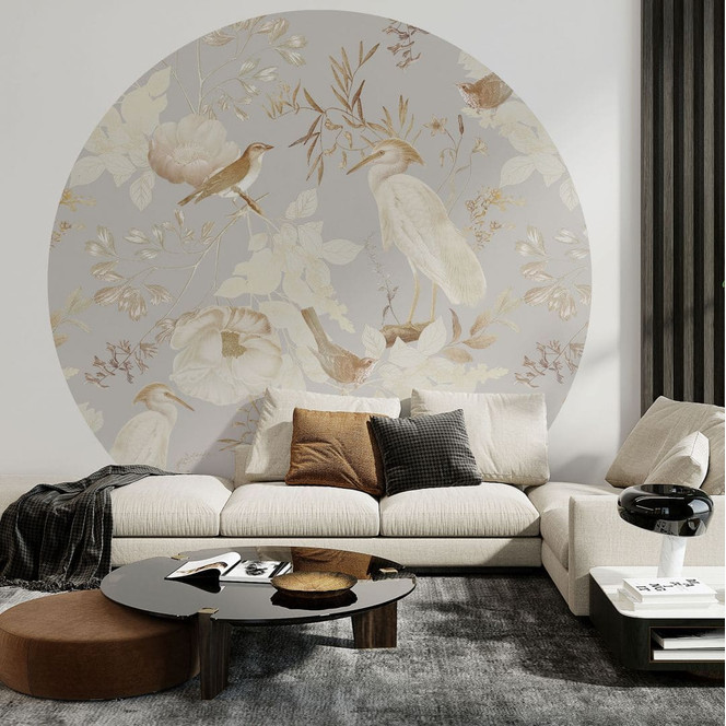 Fototapete Vögel zwischen weissen Blumen - UN Designs - Rund - Selbstklebend/Vlies