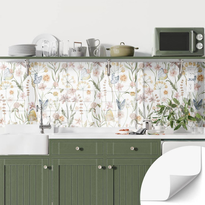Selbstklebende Küchenrückwand Frühlingswiese mit Schmetterlingen - UN Designs