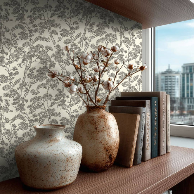 Vliestapete Lin Zen Branches weiss schwarz grau asiatisch - Bäume Waldtapete Äste Wohnzimmer