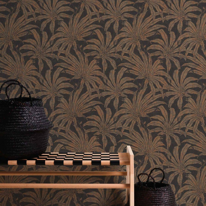 Dschungel-Tapete leicht glänzend Schwarz Gold - Mustertapete mit Pflanzen