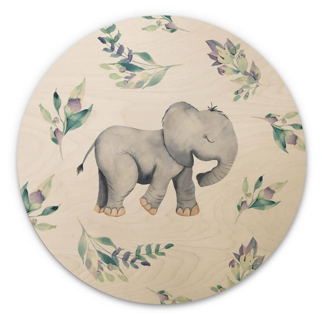 Holzbild Niedlicher Babyelefant zwischen Boho-Zweigen - UN Designs -Rund