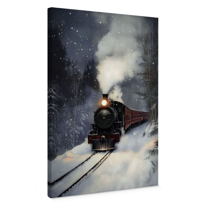 Leinwandbild Winterromantik - Dampflok im verschneiten Wald - Melloi Art Prints