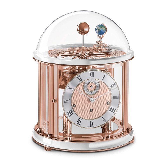 Tischuhr Tellurium "Franz Hermle & Sohn" Weisser Sockel und Ring Metallteile incl. Werk in Rose