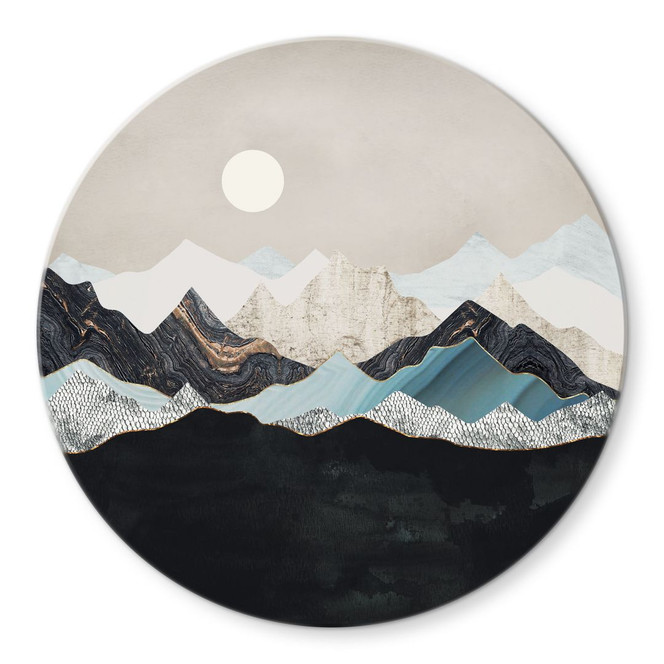 Glasbild Ruhige Berglandschaft in der Dämmerung - SpaceFrog Designs - Rund