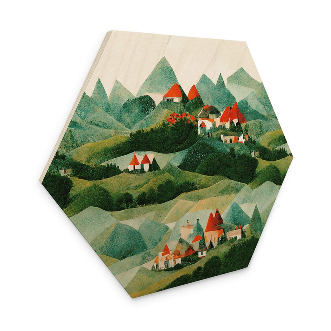 Hexagon Holzbild Treechild - Kleines Dorf inmitten grüner Hügel