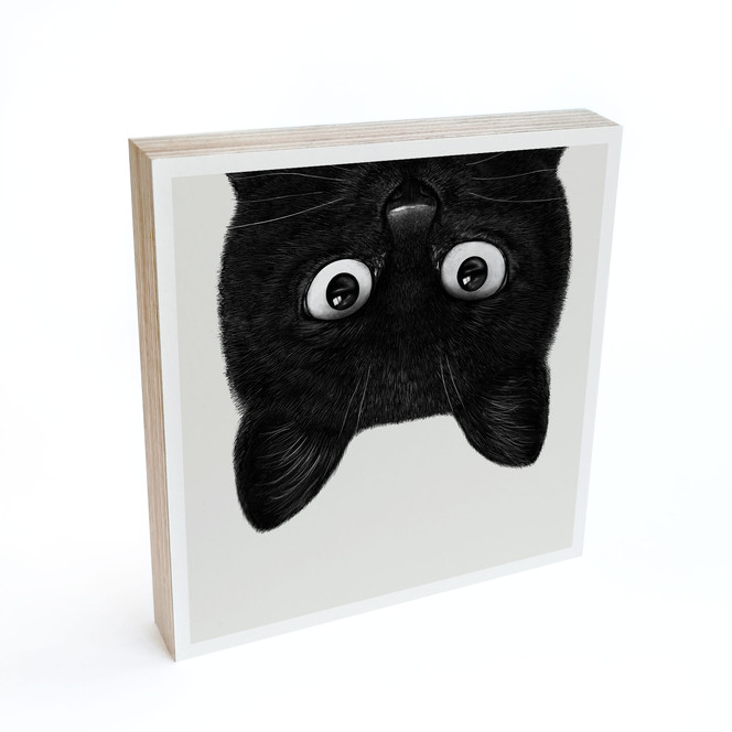Holzbild zum Hinstellen - Schwarze Katze kopfüber - Korenkova - 15 x 15 cm