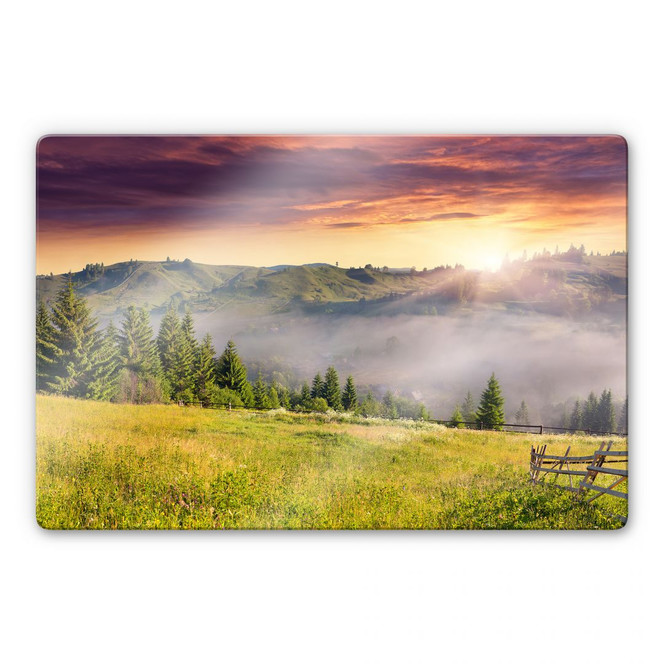 Glasbild Bergtal im Nebel