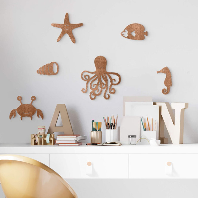 Kinderzimmer Holzdeko Meerestiere Mahagoni (6-teilig) - 50x30cm