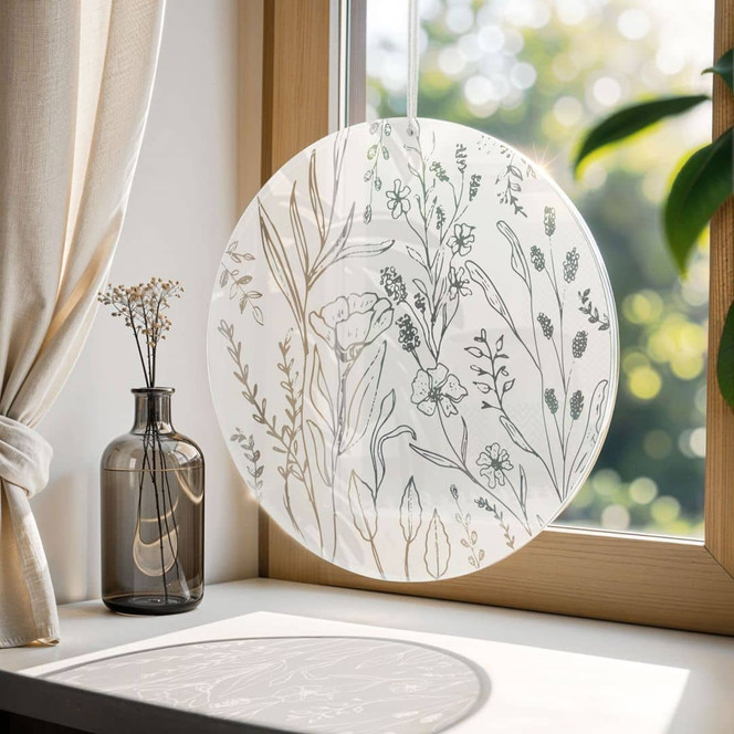 Acrylglasbild, Fensterbild zum Aufhängen Wildblumen im Line Art Stil - Rund