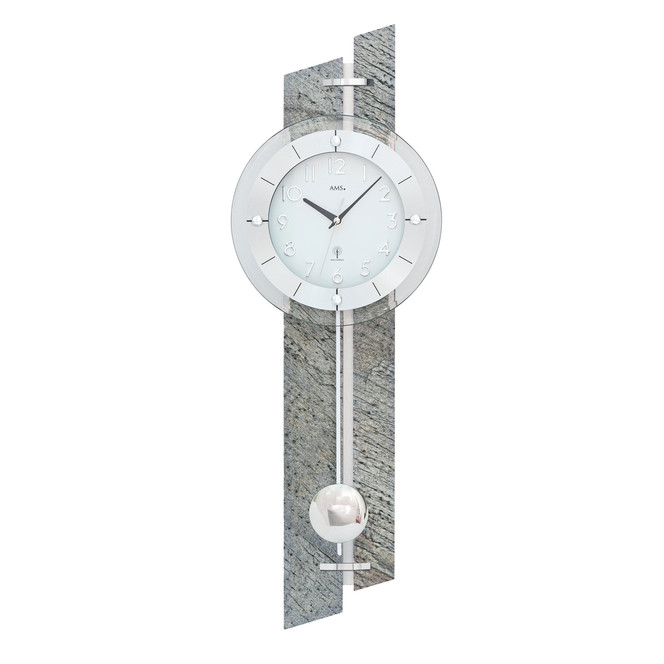 Funkwanduhr Pendeluhr Holzgehäuse, Aluminium, Stein-Auflage