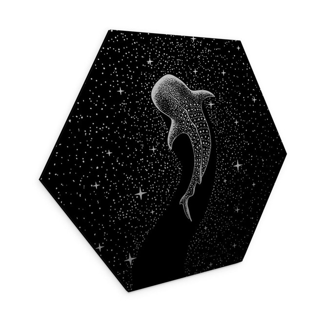 Hexagon Wandbild mit Silbereffekt Walhai im Ozean der Sterne - Cakir - Alu-Dibond