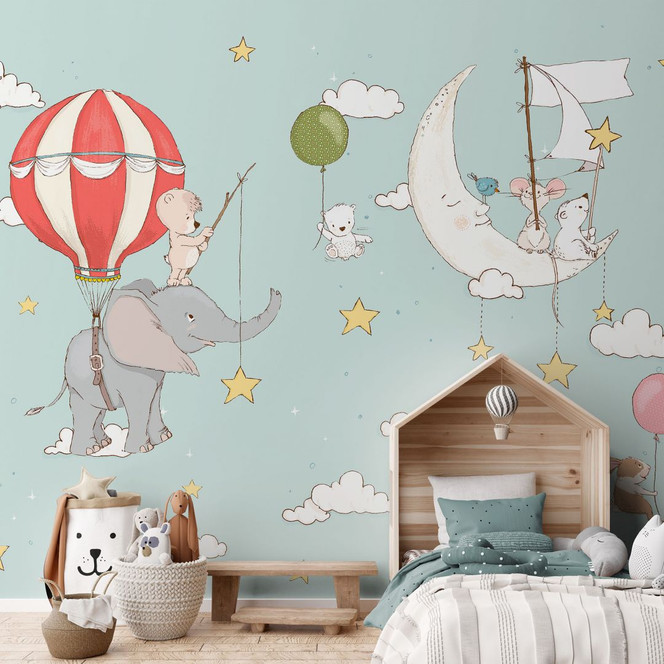 Kinderzimmer Fototapete Fliegende Tiere mit Heissluftballon - Skellern