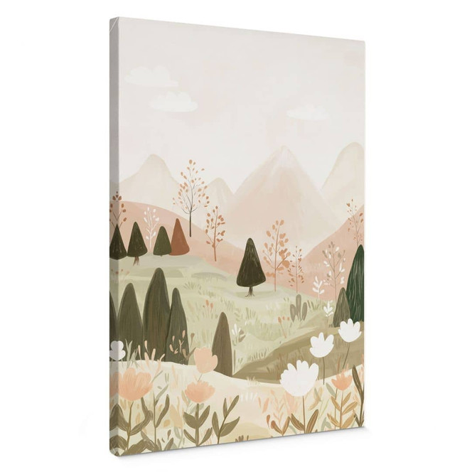 Leinwandbild Pastell Berglandschaft mit Blumen - Treechild