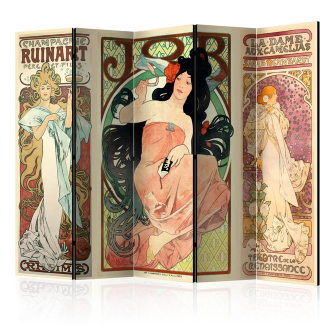 Paravent, Raumteiler freistehend, Trennwand - Alphonse Mucha. Frauen , 5-teilig - 225 x 172 cm