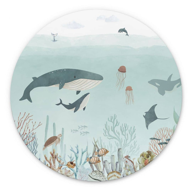 Wandbild Unterwasser-Abenteuer mit Meerestieren - Blau - Oliver Robins - Alu-Dibond Rund