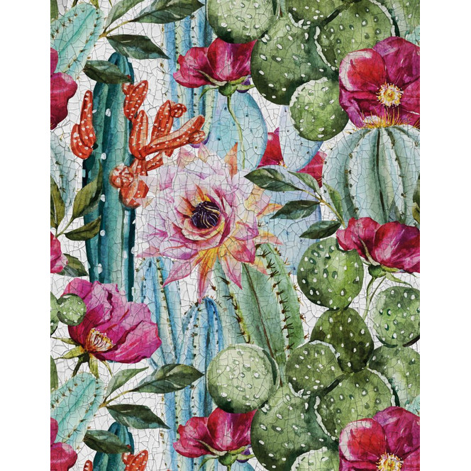 Fototapete Motivtapete Kaktus und Blüten Aquarell in Grün und Pink mit Mexiko Boho 2.7 x 2.12 m