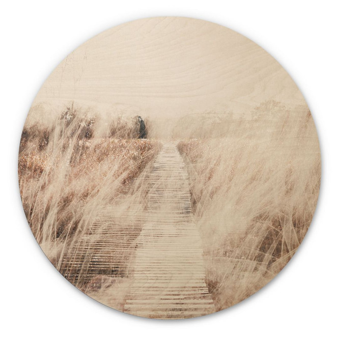 Holzbild Verträumte Landschaft mit Holzsteg - Imaginative - Rund
