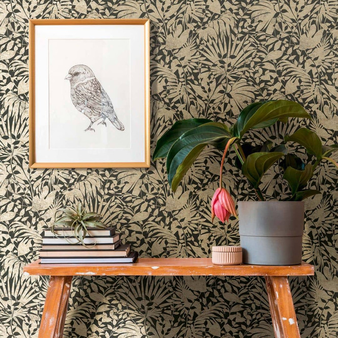 Vliestapete Gold Schwarz Metallic Tapete Vlies Blätter Mustertapete Schlafzimmer