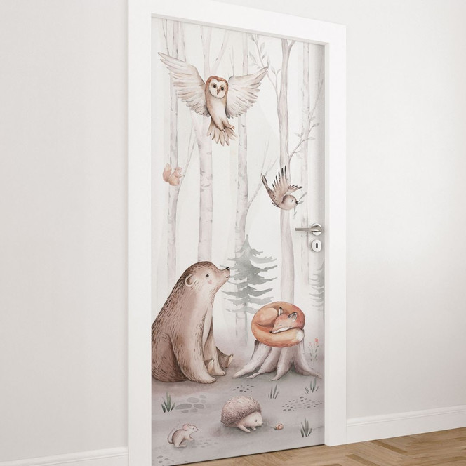 Türfolie Kinderzimmer - Süsse Tiere im Wald - Kvilis - Selbstklebende Türdeko