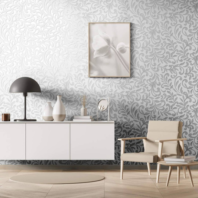 Vliestapete mit abstraktem Blattmotiv und linierter Struktur grau, pearl Grafisch