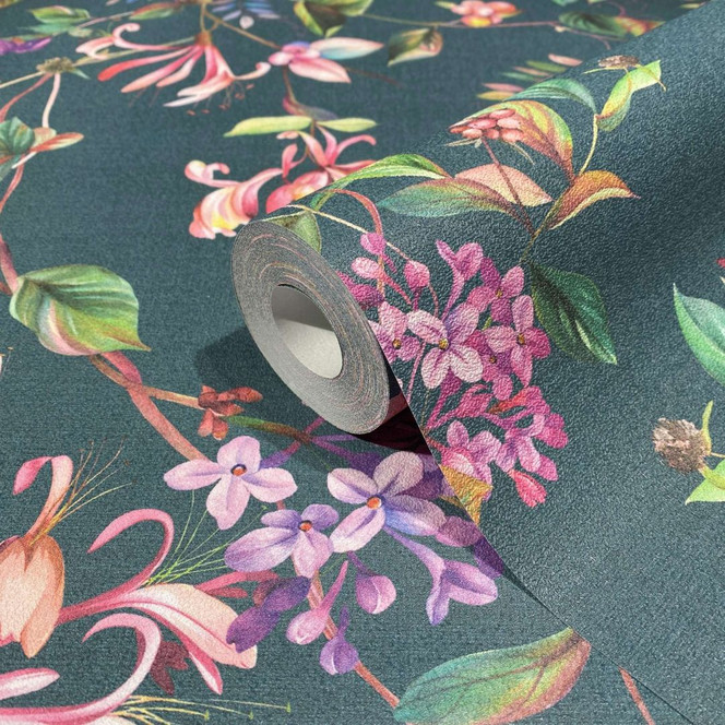 Vliestapete mit abstraktem Blumenmotiv grau, blau Floral