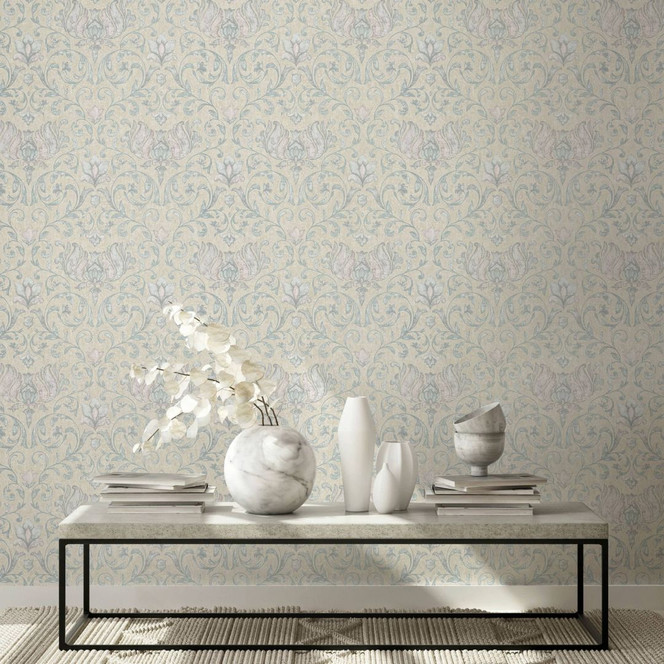 Vliestapete mit Blumen, Blätter ornamental glänzend beige Floral