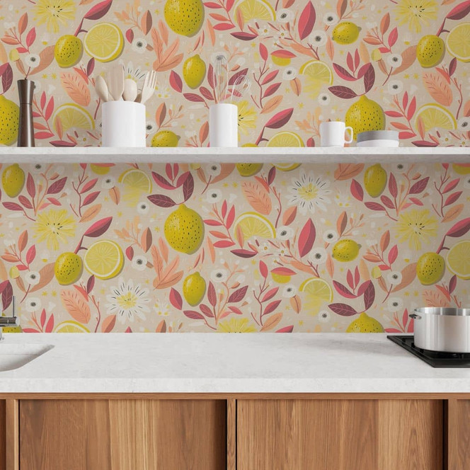 Zitronen-Tapete Pink Gelb Orange - Vliestapete bunt modern - Obst & Blätter