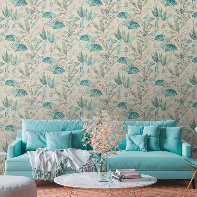Florale Mustertapete mit gemischten Blättern Bunt - Blumen-Tapete Beige Grün