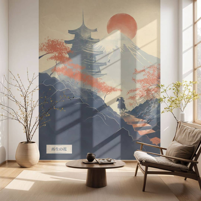 Fototapete Sonnenaufgang über der Pagode | Japanische Landschaft - Roze