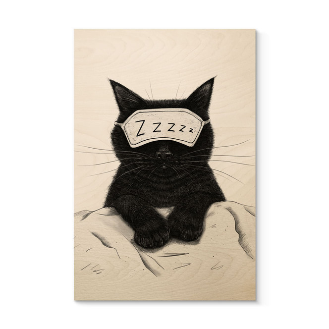 Holzbild Schwarze Katze mit Schlafmaske - Korenkova