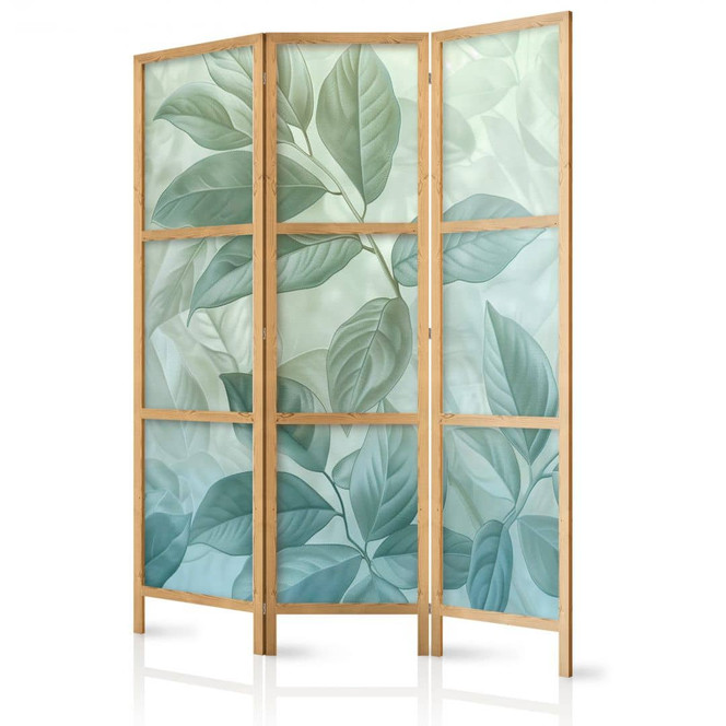 Japanischer Paravent, Raumteiler freistehend, Trennwand - Large Green-Mint Leaves