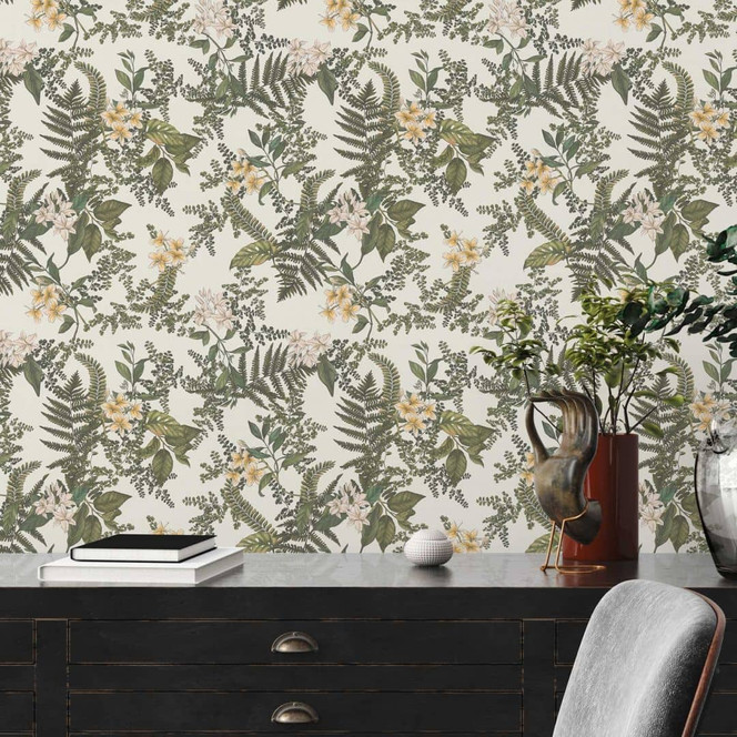 Pflanzen-Tapete mit Blüten Weiss Grün - Vliestapete mit Blumen floral