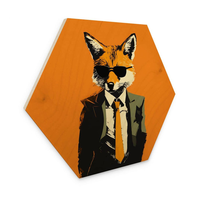 Hexagon Holzbild Cooler Fuchs im Anzug - Magnusson