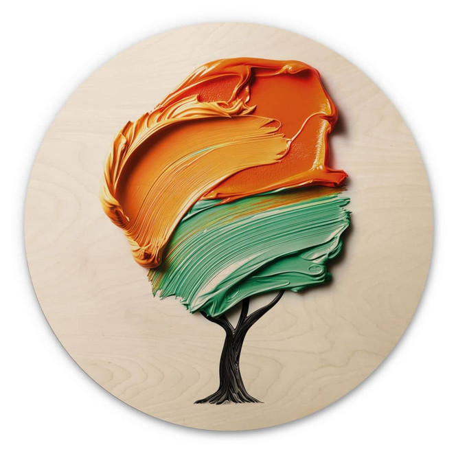 Holzbild Baum mit oranger und grüner 3D-Krone - Mielu - Rund