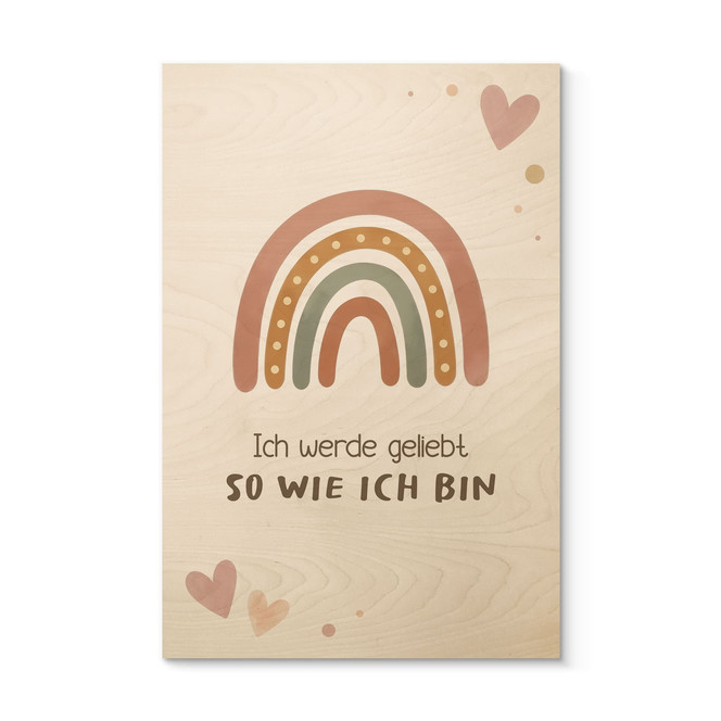 Holzbild mit Boho-Regenbogen - Glaubenssatz "Ich werde geliebt" fürs Kinderzimmer