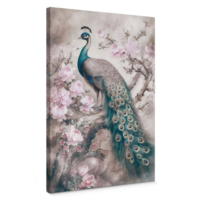 Leinwandbild Edler Pfau mit Blüten - Haase