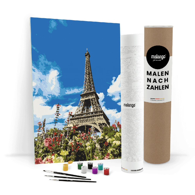 Malen nach Zahlen Leinwandbild - Blumen am Eifelturm