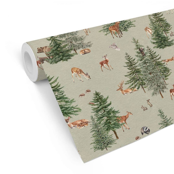 Mustertapete Märchenhafter Tannenwald mit Rehen und Hasen - Kikki Belle