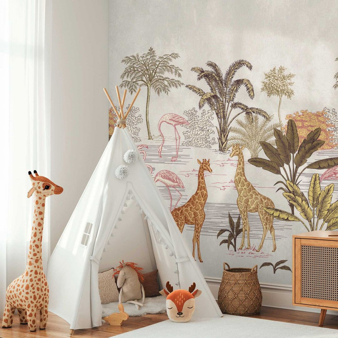 Safari-Tapete Beige Bunt - Vliestapete mit Giraffen & Palmen für Wohnzimmer & Kinderzimmer