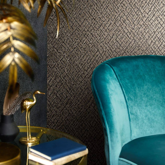 Vliestapete mit glänzendem Gitter Motiv schwarz, gold Struktur