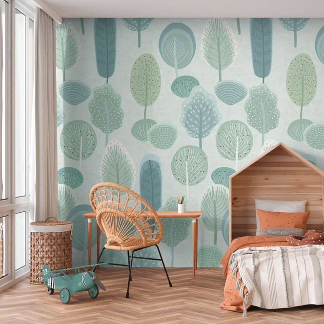 Wald-Fototapete in Pastelloptik Grün Blau - Kinderzimmer-Tapete Bäume - Vliestapete erweiterbar