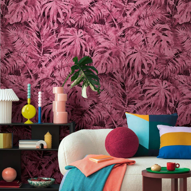 COSMOPOLITAN Fototapete Moderne Dschungel-Blätter Pink Vliestapete Palmen-Muster