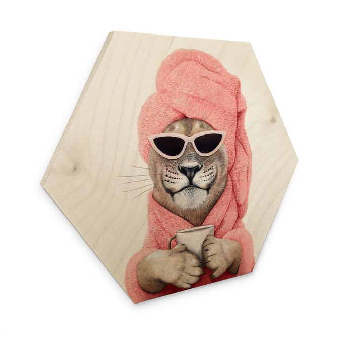 Hexagon Holzbild Wellness Löwe mit Kaffee - Korenkova