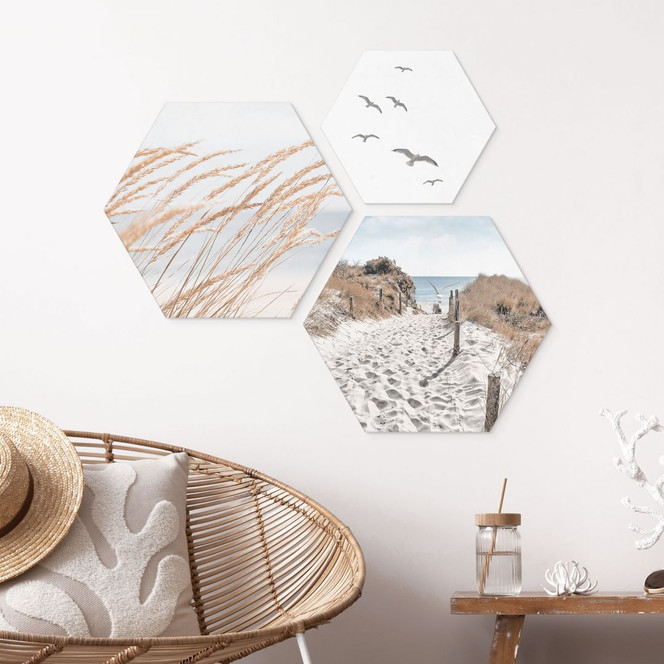Hexagon Wandbild Stranddünen am Meer Set (3-teilig) - Alu-Dibond
