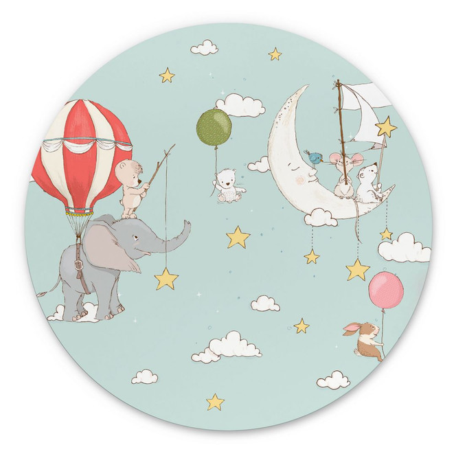 Wandbild Fliegende Tiere mit Heissluftballon - Skellern - Alu-Dibond - Rund