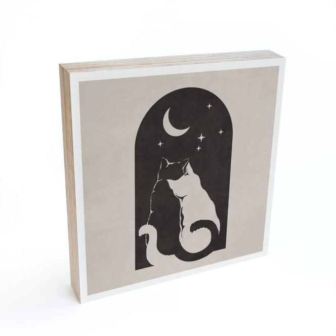 Holzbild zum Hinstellen - Zwei Katzen im Mondschein - 15 x 15 cm