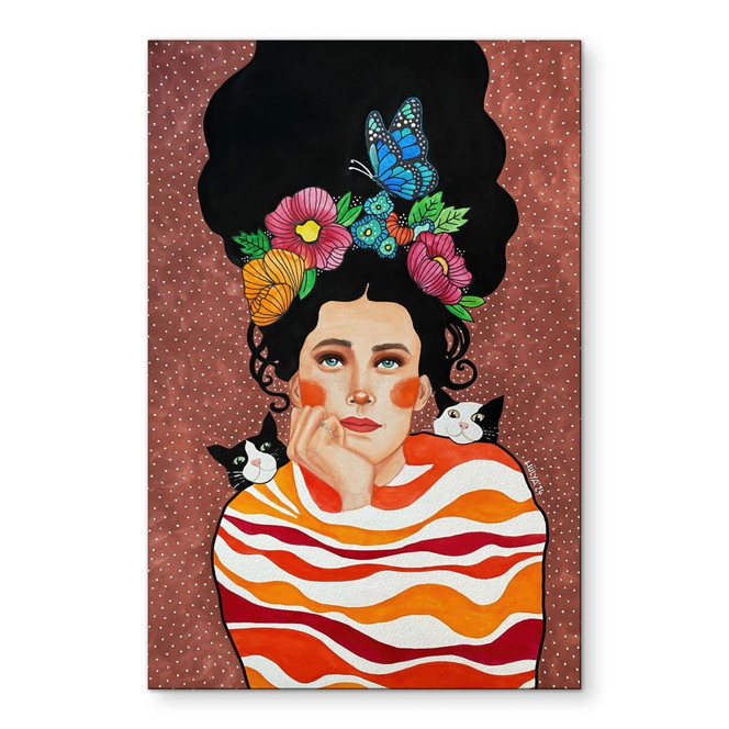 Wandbild Frau mit Blumenkrone und Katzen - Hülya - Alu-Dibond