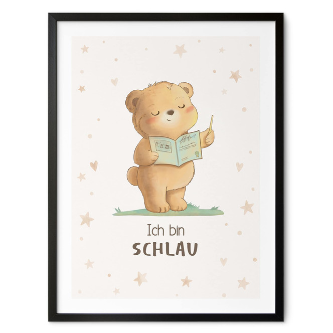Affirmationsposter "Ich bin schlau" mit lesendem Bär für Kinder