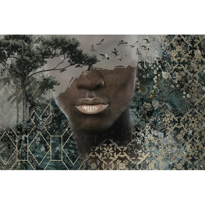 Fototapete Motivtapete Surreales Gesicht im Regen mit Wald- und Vogel-Silhouette 2.70 x 4.08m